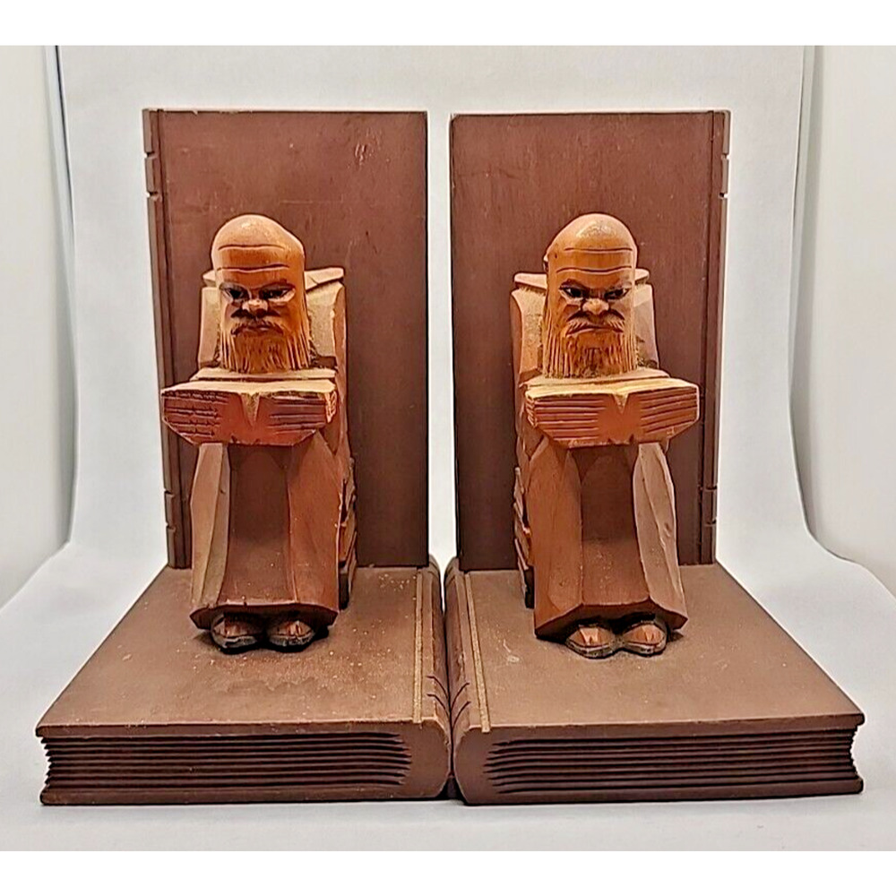 Old Man Sitting Reading Hand Carved Wood Bookends Set Folk Art Craft U190
